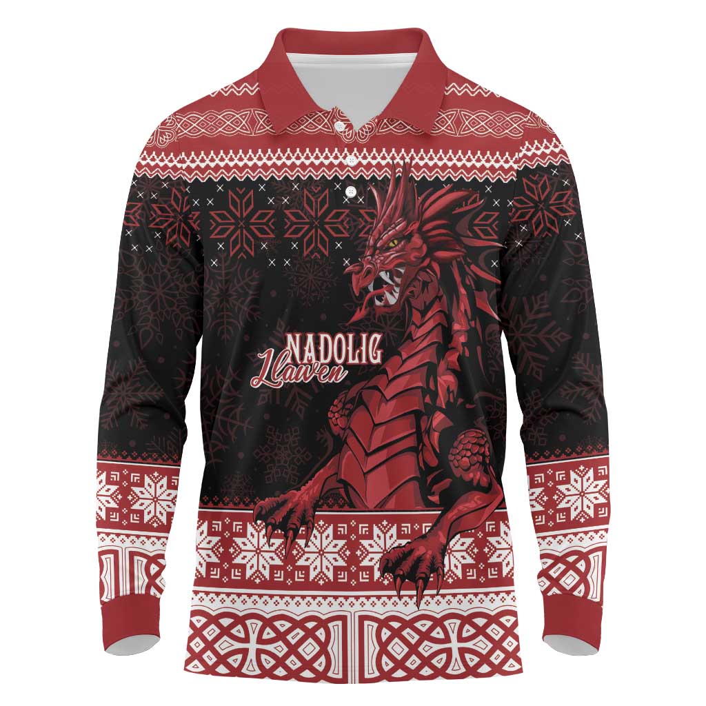 Christmas Wales Celtic Long Sleeve Polo Shirt Welsh Dragon Nadolig Llawen - Wonder Print Shop