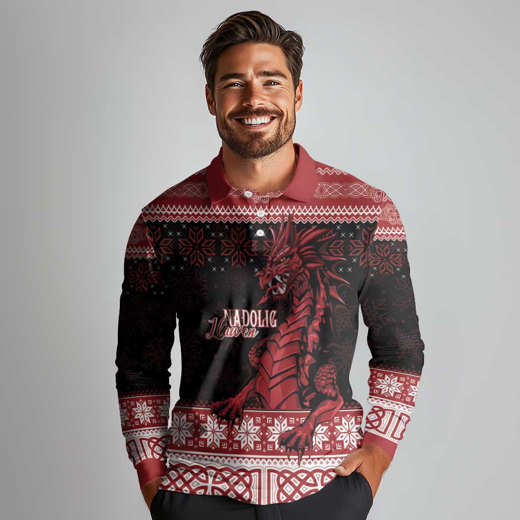 Christmas Wales Celtic Long Sleeve Polo Shirt Welsh Dragon Nadolig Llawen - Wonder Print Shop