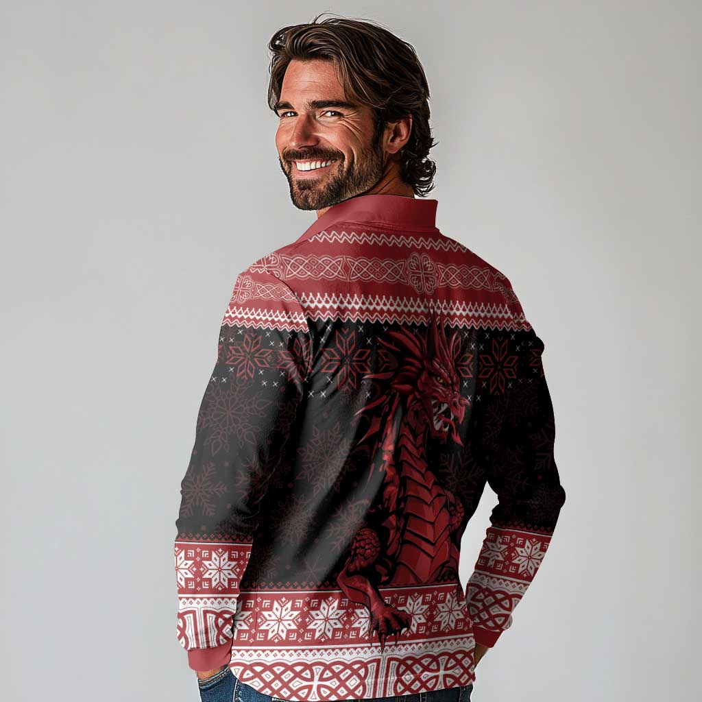Christmas Wales Celtic Long Sleeve Polo Shirt Welsh Dragon Nadolig Llawen - Wonder Print Shop