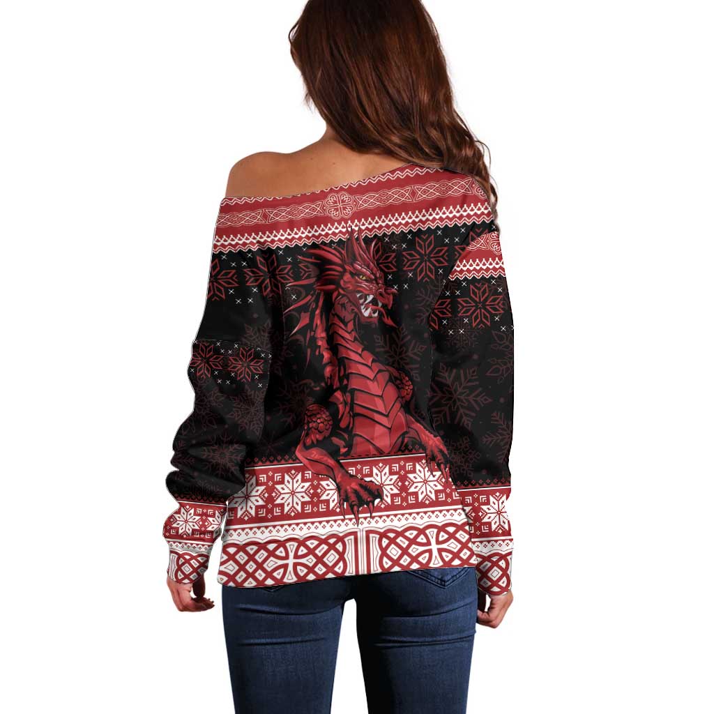 Christmas Wales Celtic Off Shoulder Sweater Welsh Dragon Nadolig Llawen - Wonder Print Shop