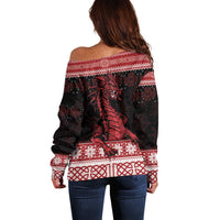 Christmas Wales Celtic Off Shoulder Sweater Welsh Dragon Nadolig Llawen - Wonder Print Shop