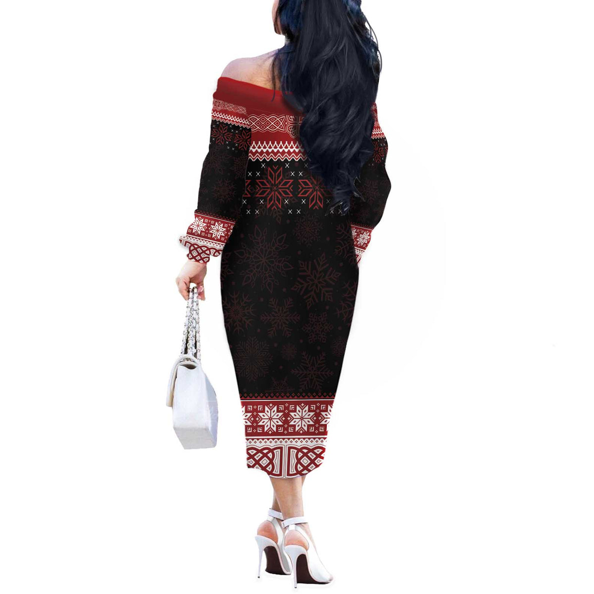 Christmas Wales Celtic Off The Shoulder Long Sleeve Dress Welsh Dragon Nadolig Llawen - Wonder Print Shop