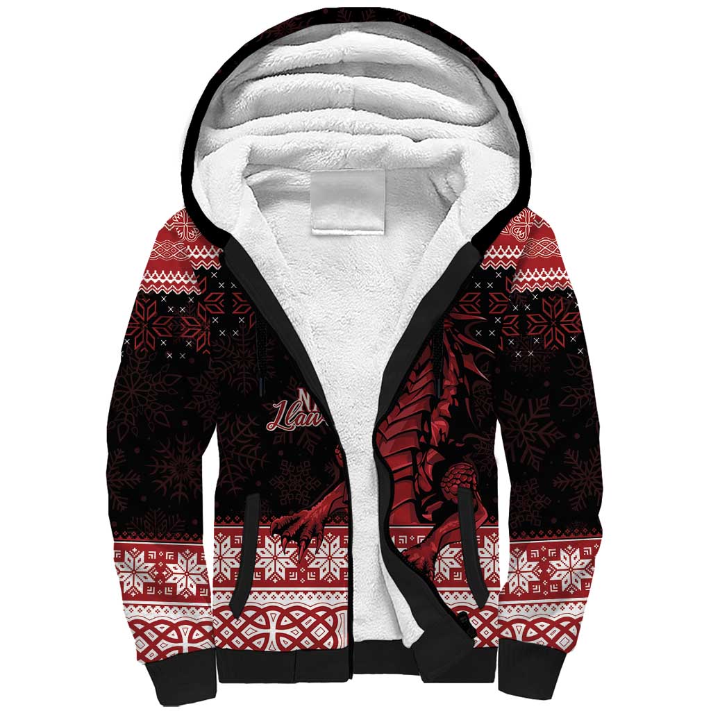 Christmas Wales Celtic Sherpa Hoodie Welsh Dragon Nadolig Llawen - Wonder Print Shop