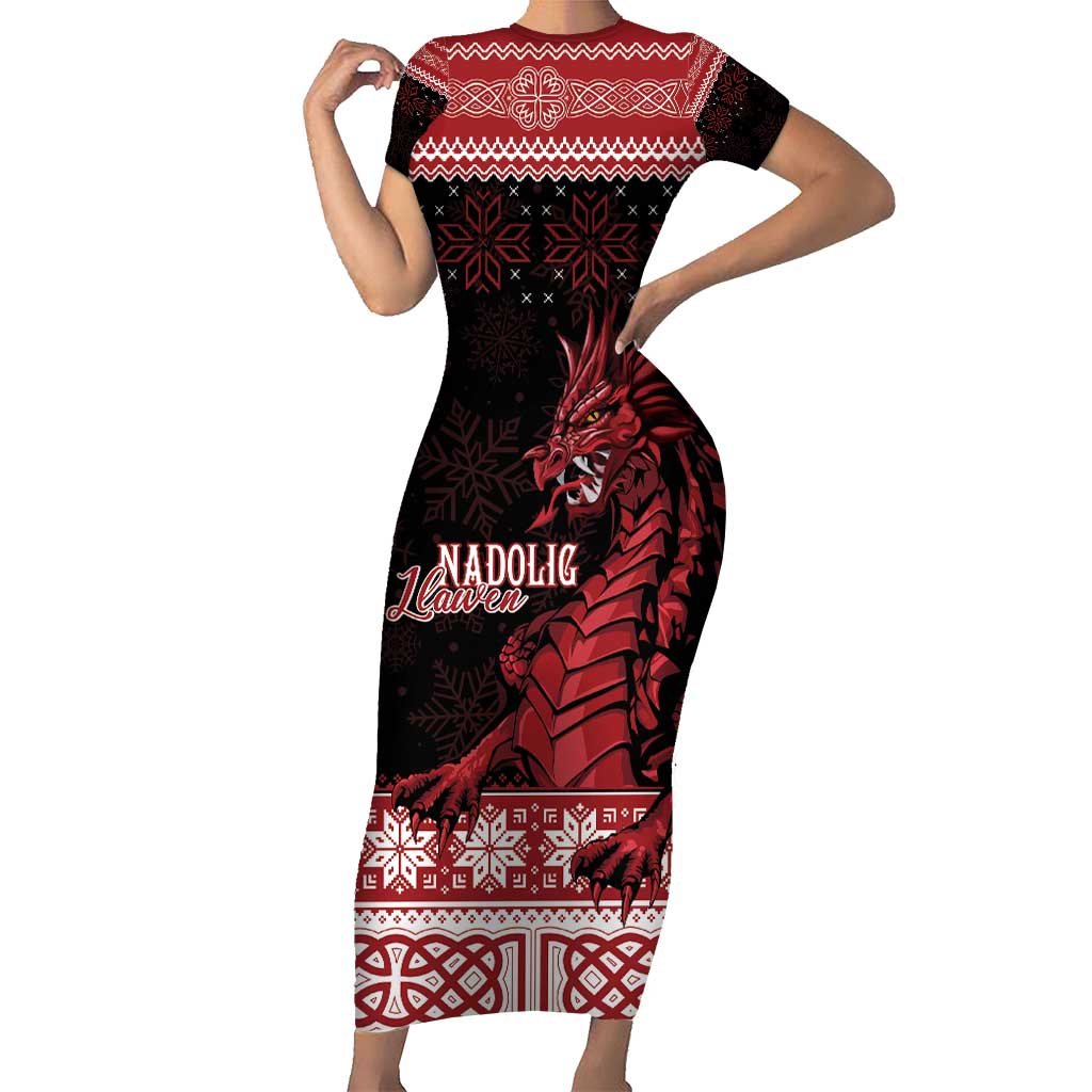 Christmas Wales Celtic Short Sleeve Bodycon Dress Welsh Dragon Nadolig Llawen - Wonder Print Shop