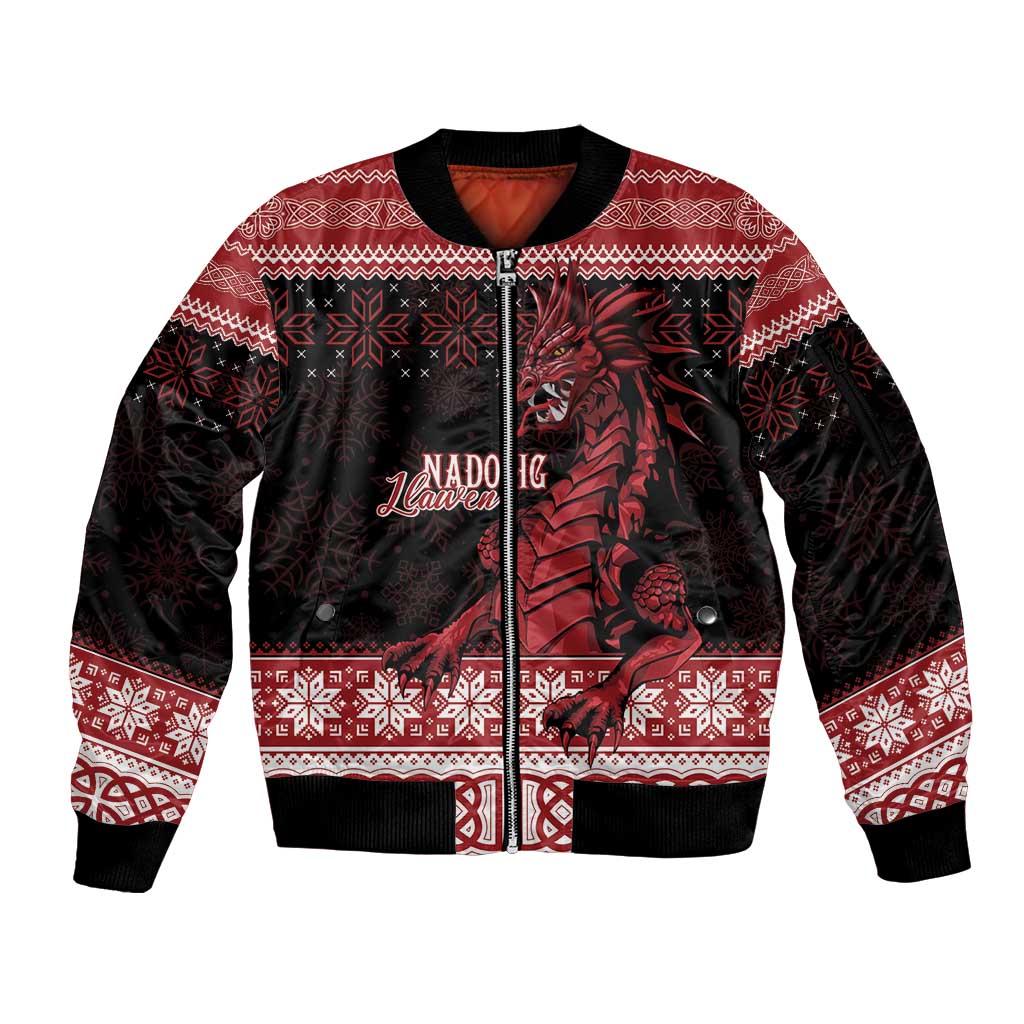 Christmas Wales Celtic Sleeve Zip Bomber Jacket Welsh Dragon Nadolig Llawen - Wonder Print Shop