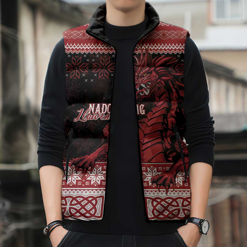 Christmas Wales Celtic Sleeveless Puffer Jacket Welsh Dragon Nadolig Llawen - Wonder Print Shop