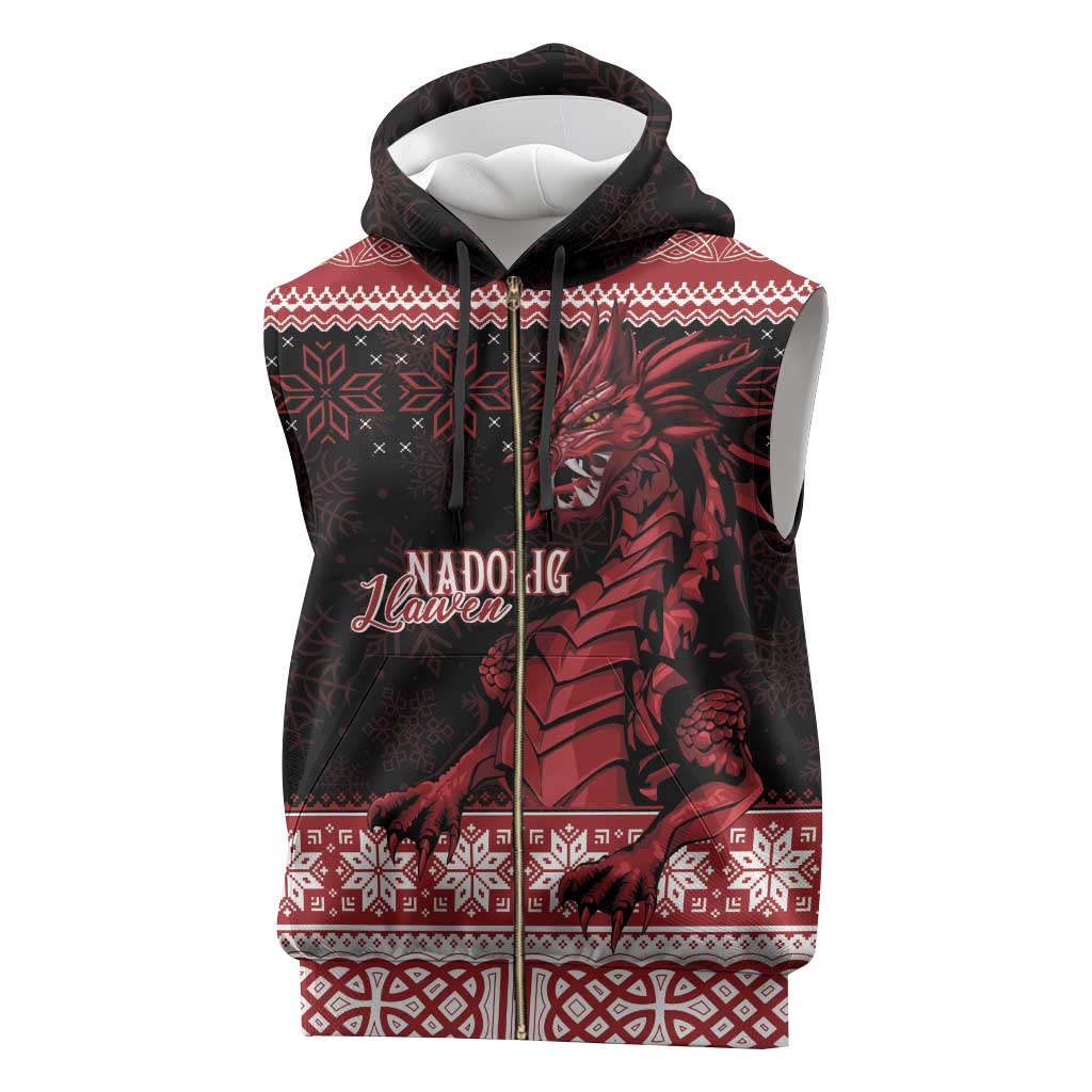 Christmas Wales Celtic Sleeveless Zip Hoodie Welsh Dragon Nadolig Llawen - Wonder Print Shop