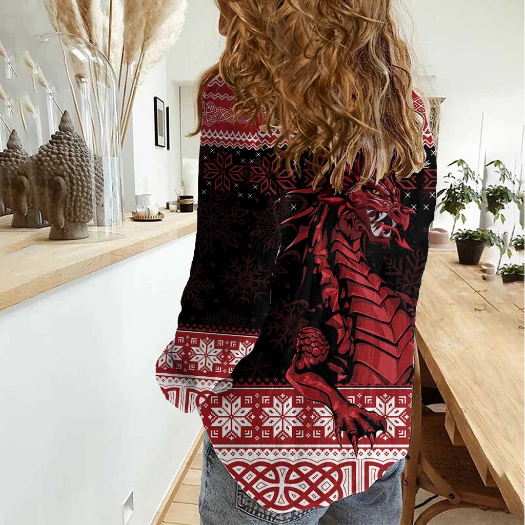 Christmas Wales Celtic Women Casual Shirt Welsh Dragon Nadolig Llawen - Wonder Print Shop