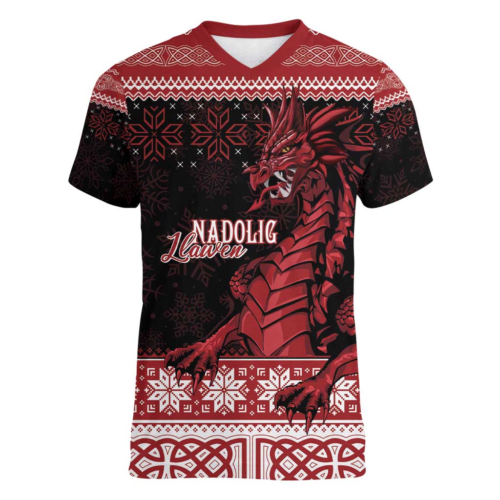 Christmas Wales Celtic Women V-Neck T-Shirt Welsh Dragon Nadolig Llawen - Wonder Print Shop