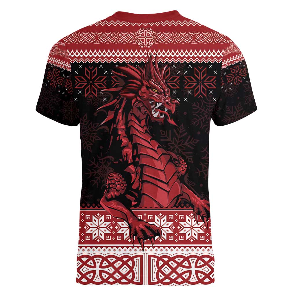 Christmas Wales Celtic Women V-Neck T-Shirt Welsh Dragon Nadolig Llawen - Wonder Print Shop
