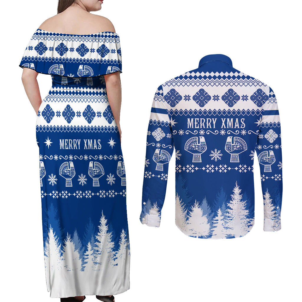 Finland Christmas Hannunvaakuna Tattoo Couples Matching Off Shoulder Maxi Dress and Long Sleeve Button Shirt Hyvaa Joulua - Flag Color LT7 - Wonder Print Shop