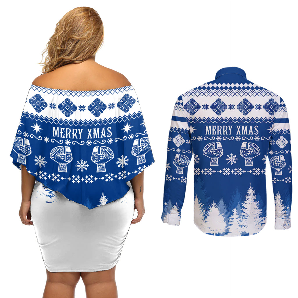 Finland Christmas Hannunvaakuna Tattoo Couples Matching Off Shoulder Short Dress and Long Sleeve Button Shirt Hyvaa Joulua - Flag Color LT7 - Wonder Print Shop