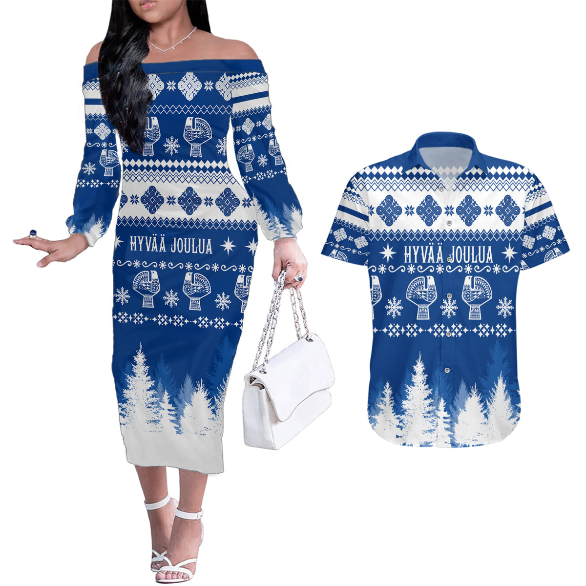Finland Christmas Hannunvaakuna Tattoo Couples Matching Off The Shoulder Long Sleeve Dress and Hawaiian Shirt Hyvaa Joulua - Flag Color LT7 - Wonder Print Shop