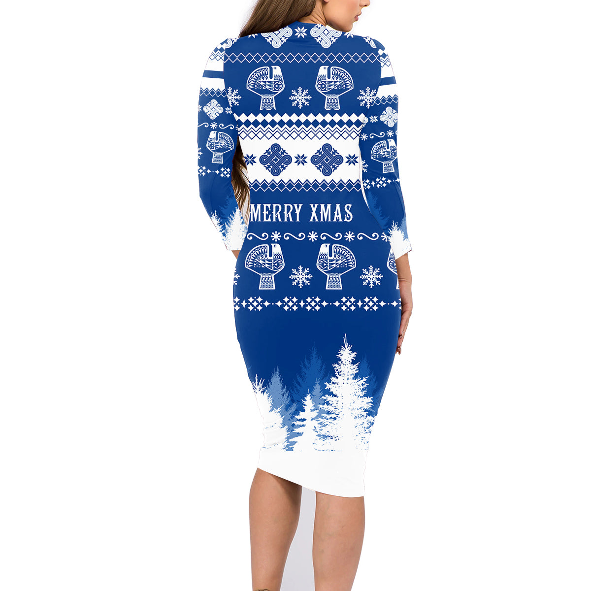 Finland Christmas Hannunvaakuna Tattoo Family Matching Long Sleeve Bodycon Dress and Hawaiian Shirt Hyvaa Joulua - Flag Color LT7 - Wonder Print Shop