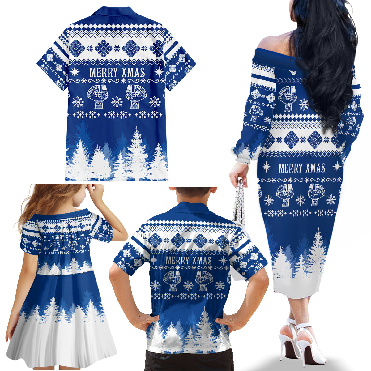 Finland Christmas Hannunvaakuna Tattoo Family Matching Off Shoulder Long Sleeve Dress and Hawaiian Shirt Hyvaa Joulua - Flag Color - Wonder Print Shop