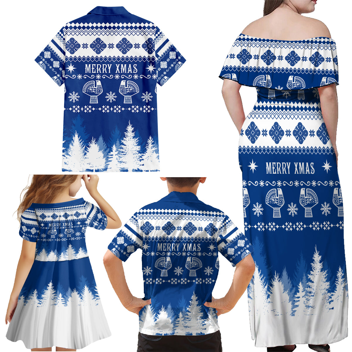 Finland Christmas Hannunvaakuna Tattoo Family Matching Off Shoulder Maxi Dress and Hawaiian Shirt Hyvaa Joulua - Flag Color LT7 - Wonder Print Shop