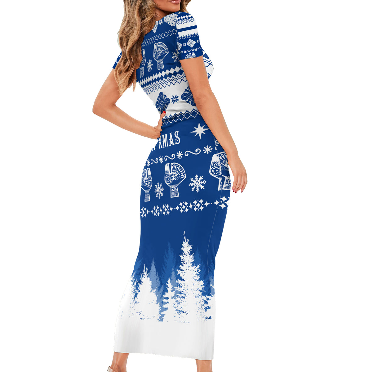 Finland Christmas Hannunvaakuna Tattoo Family Matching Short Sleeve Bodycon Dress and Hawaiian Shirt Hyvaa Joulua - Flag Color - Wonder Print Shop
