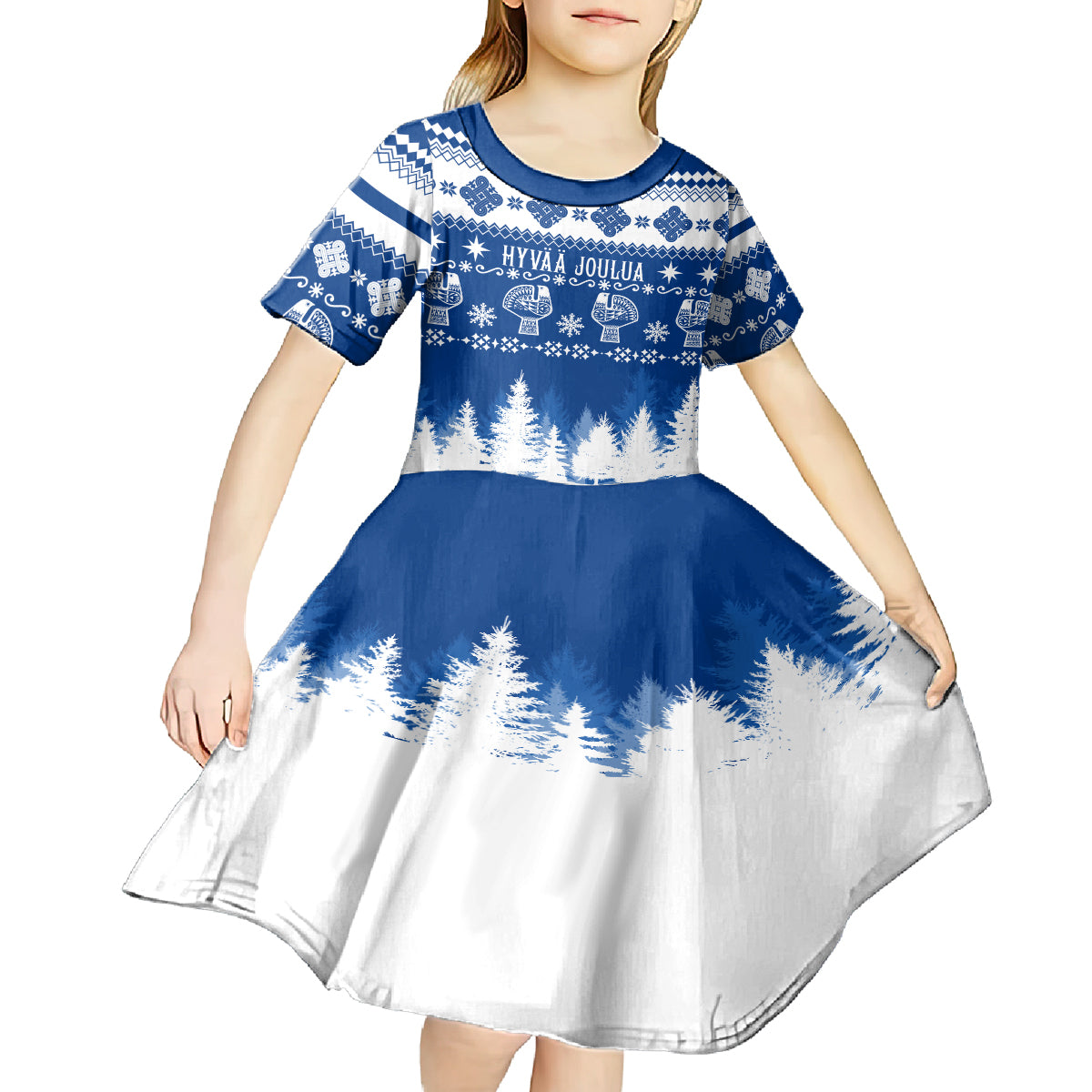 Finland Christmas Hannunvaakuna Tattoo Kid Short Sleeve Dress Hyvaa Joulua - Flag Color - Wonder Print Shop