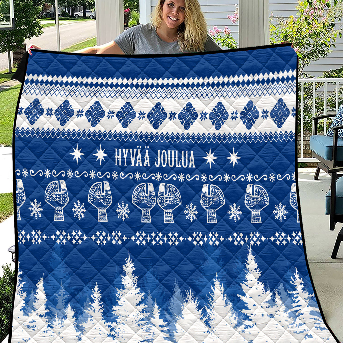 Finland Christmas Hannunvaakuna Tattoo Quilt Hyvaa Joulua - Flag Color - Wonder Print Shop