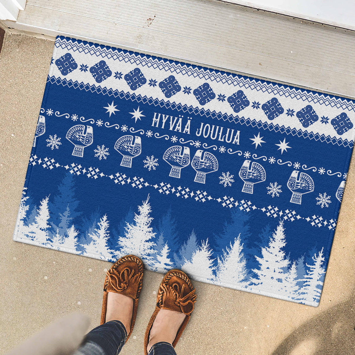 Finland Christmas Hannunvaakuna Tattoo Rubber Doormat Hyvaa Joulua - Flag Color - Wonder Print Shop