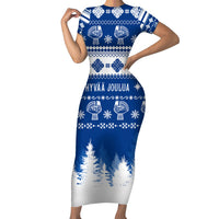 Finland Christmas Hannunvaakuna Tattoo Short Sleeve Bodycon Dress Hyvaa Joulua - Flag Color - Wonder Print Shop