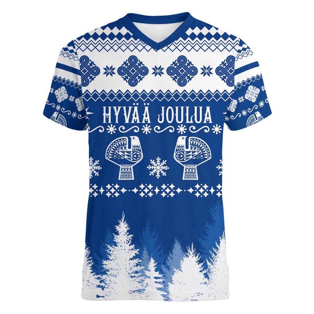Finland Christmas Hannunvaakuna Tattoo Women V Neck T Shirt Hyvaa Joulua - Flag Color - Wonder Print Shop