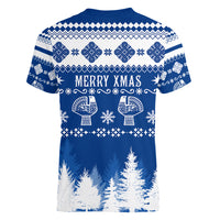 Finland Christmas Hannunvaakuna Tattoo Women V Neck T Shirt Hyvaa Joulua - Flag Color - Wonder Print Shop