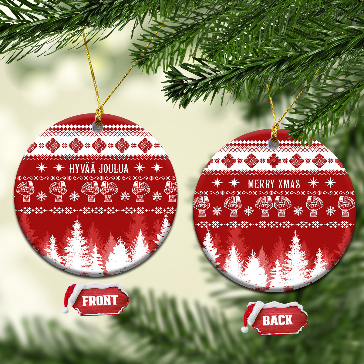 Finland Christmas Hannunvaakuna Tattoo Ceramic Ornament Hyvaa Joulua - Red LT7 - Wonder Print Shop