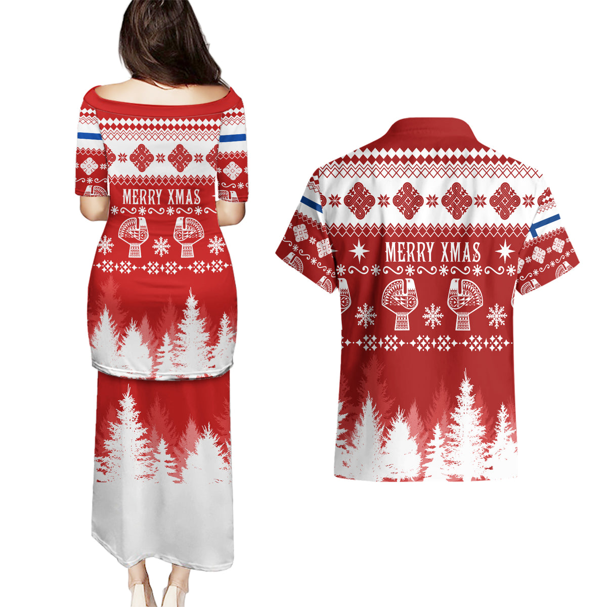 Finland Christmas Hannunvaakuna Tattoo Couples Matching Puletasi Dress and Hawaiian Shirt Hyvaa Joulua - Red LT7 - Wonder Print Shop