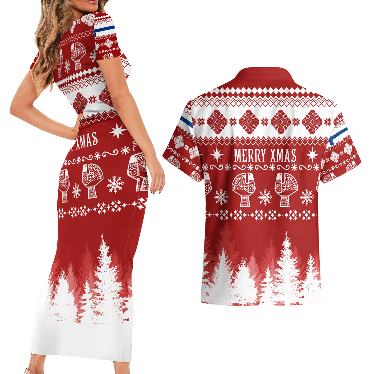 Finland Christmas Hannunvaakuna Tattoo Couples Matching Short Sleeve Bodycon Dress and Hawaiian Shirt Hyvaa Joulua - Red LT7 - Wonder Print Shop