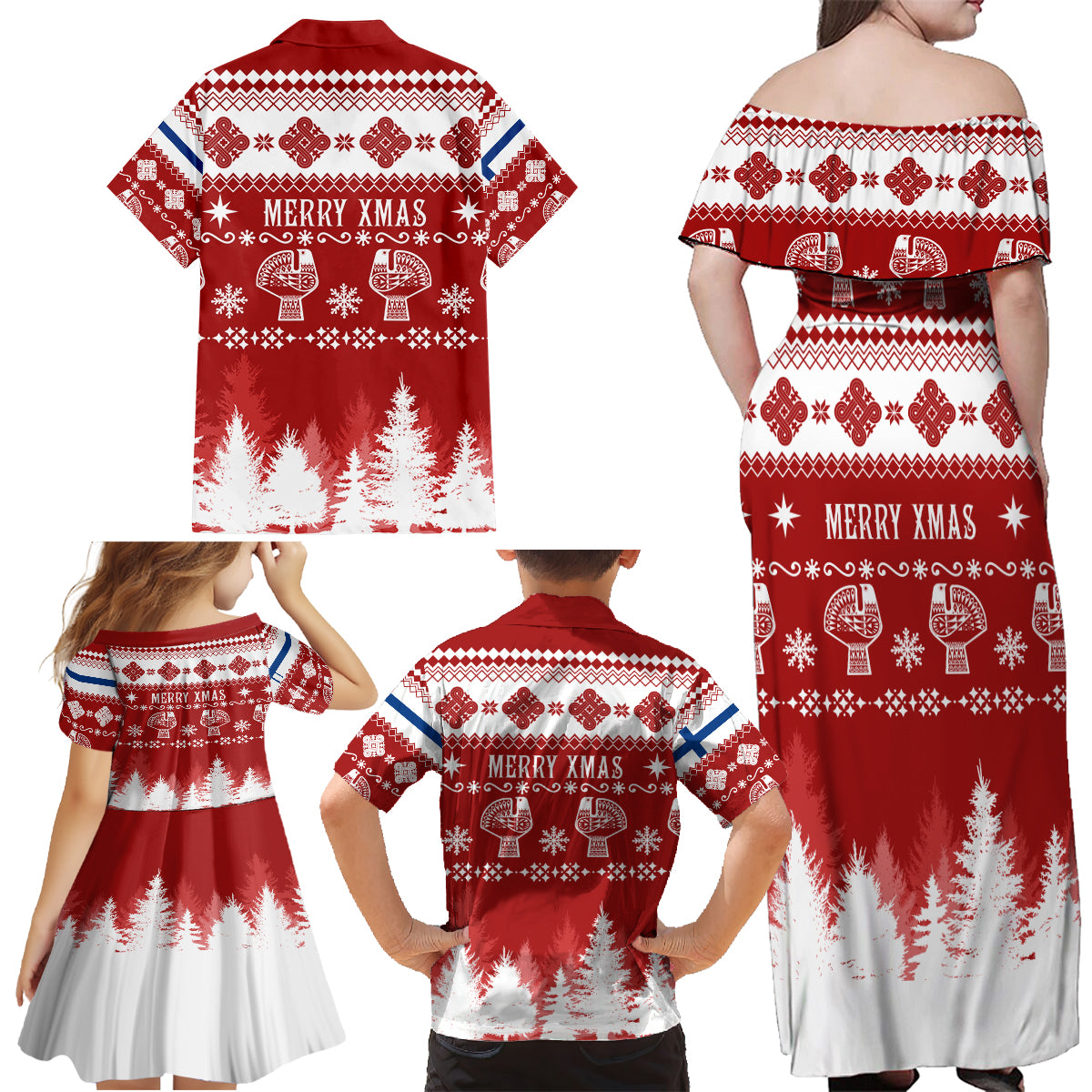 Finland Christmas Hannunvaakuna Tattoo Family Matching Off Shoulder Maxi Dress and Hawaiian Shirt Hyvaa Joulua - Red LT7 - Wonder Print Shop