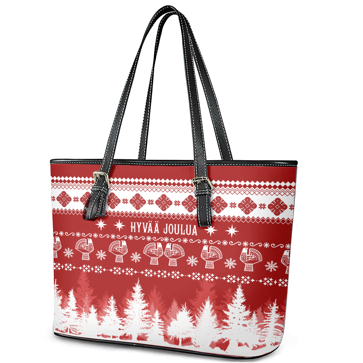 Finland Christmas Hannunvaakuna Tattoo Leather Tote Bag Hyvaa Joulua - Red - Wonder Print Shop