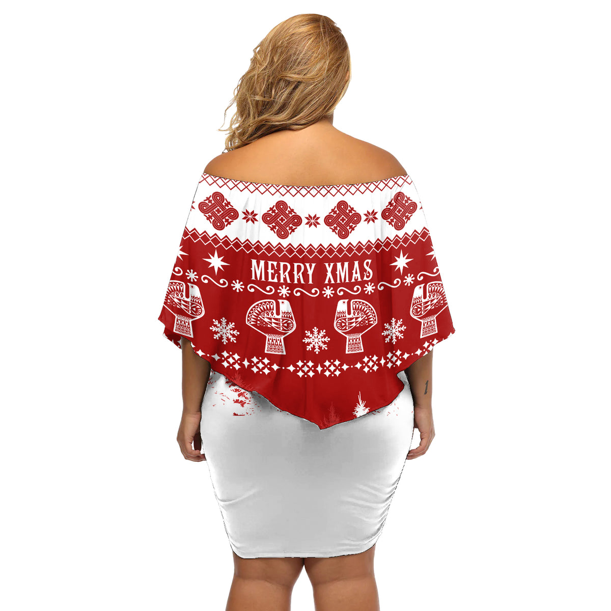 Finland Christmas Hannunvaakuna Tattoo Off Shoulder Short Dress Hyvaa Joulua - Red - Wonder Print Shop