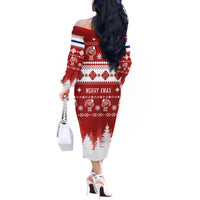 Finland Christmas Hannunvaakuna Tattoo Off The Shoulder Long Sleeve Dress Hyvaa Joulua - Red - Wonder Print Shop