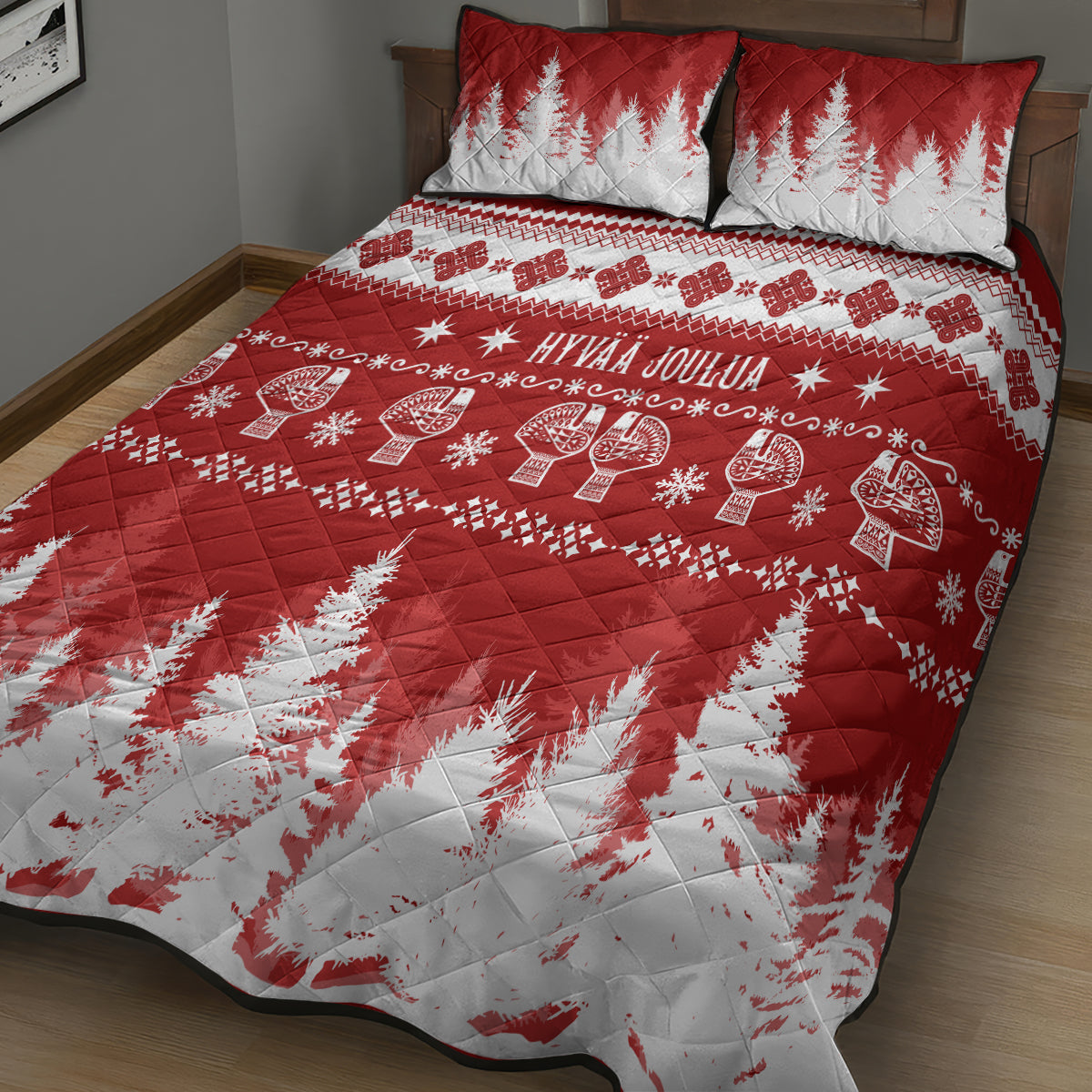 Finland Christmas Hannunvaakuna Tattoo Quilt Bed Set Hyvaa Joulua - Red - Wonder Print Shop