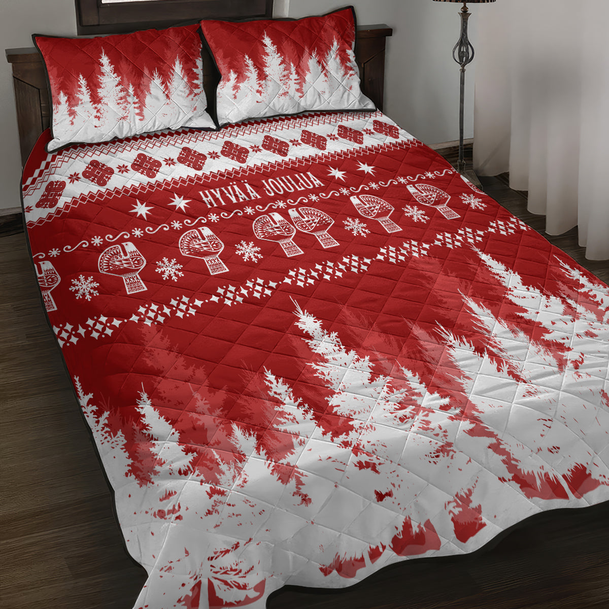 Finland Christmas Hannunvaakuna Tattoo Quilt Bed Set Hyvaa Joulua - Red - Wonder Print Shop