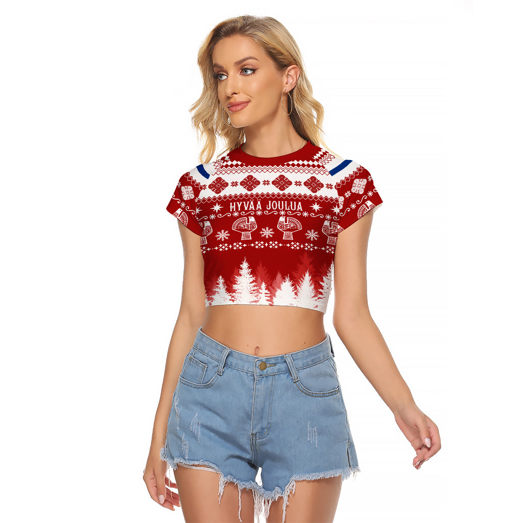 Finland Christmas Hannunvaakuna Tattoo Raglan Cropped T Shirt Hyvaa Joulua - Red - Wonder Print Shop