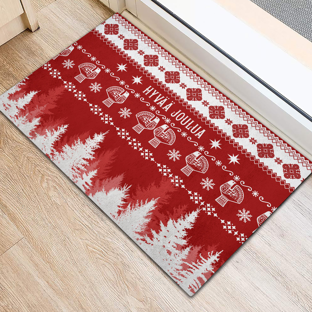Finland Christmas Hannunvaakuna Tattoo Rubber Doormat Hyvaa Joulua - Red - Wonder Print Shop