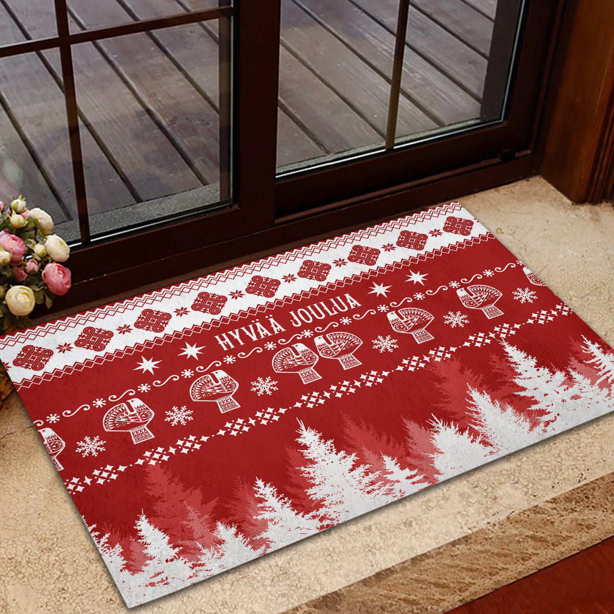 Finland Christmas Hannunvaakuna Tattoo Rubber Doormat Hyvaa Joulua - Red - Wonder Print Shop