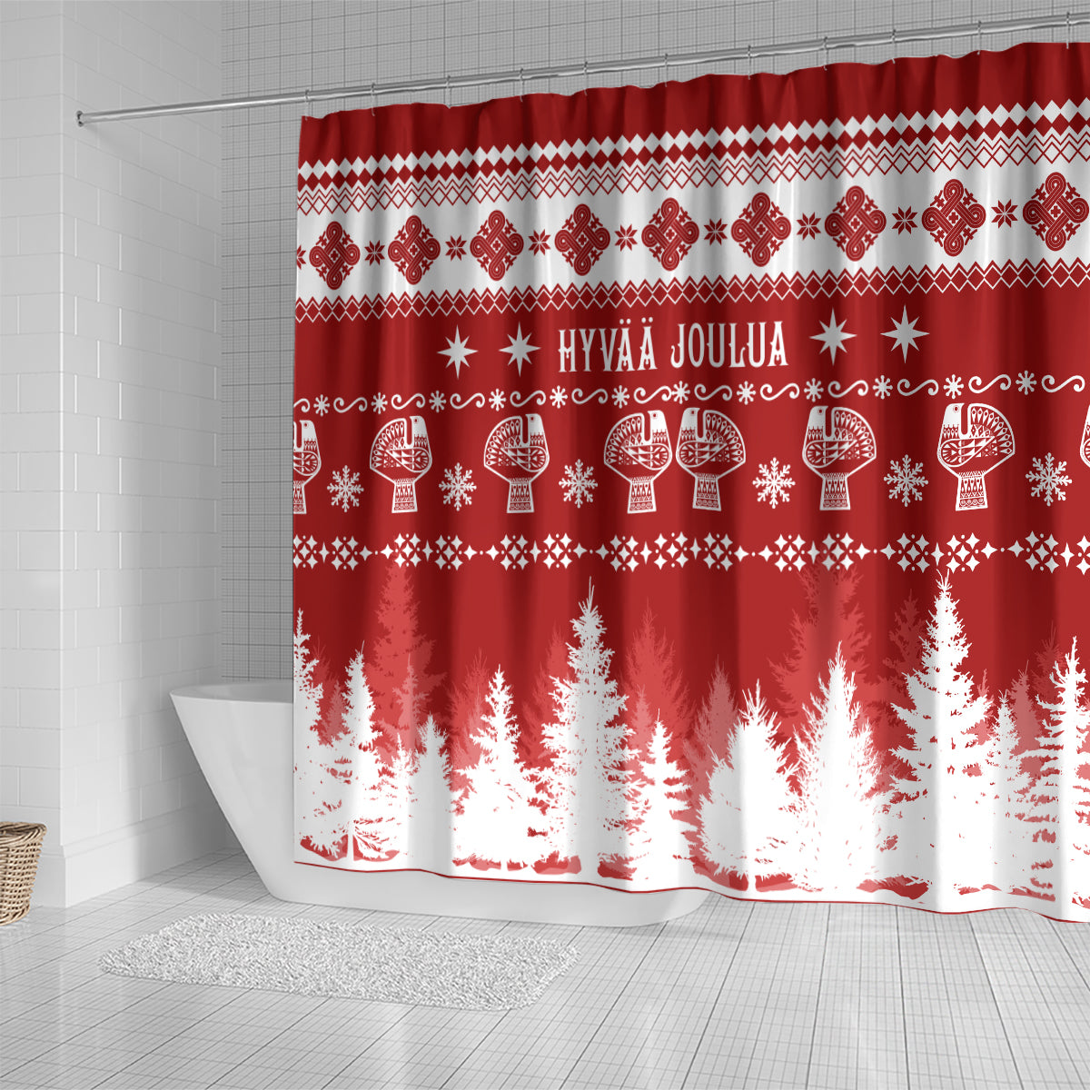 finland-christmas-hannunvaakuna-tattoo-shower-curtain-hyvaa-joulua-red