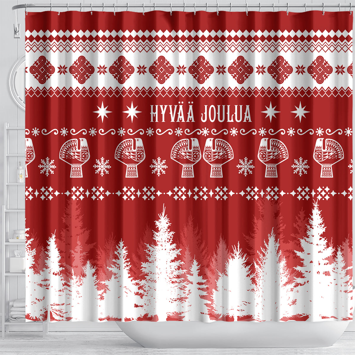 finland-christmas-hannunvaakuna-tattoo-shower-curtain-hyvaa-joulua-red