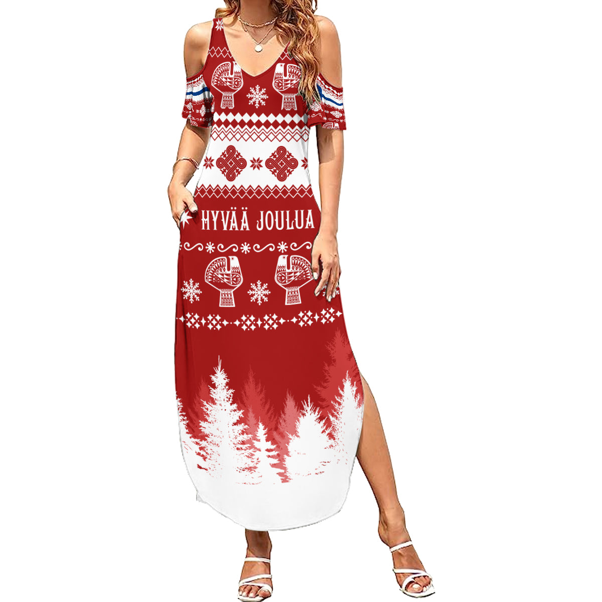 Finland Christmas Hannunvaakuna Tattoo Summer Maxi Dress Hyvaa Joulua - Red - Wonder Print Shop