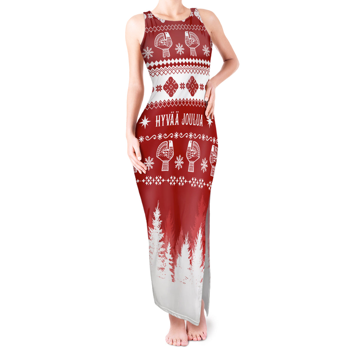 Finland Christmas Hannunvaakuna Tattoo Tank Maxi Dress Hyvaa Joulua - Red - Wonder Print Shop