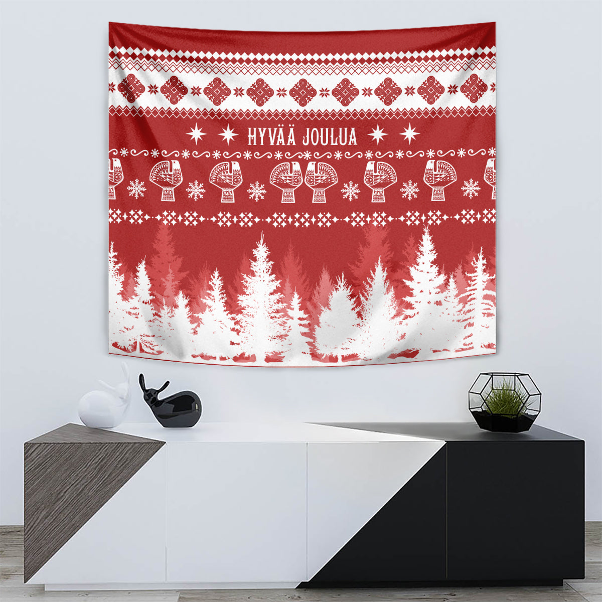 Finland Christmas Hannunvaakuna Tattoo Tapestry Hyvaa Joulua - Red - Wonder Print Shop