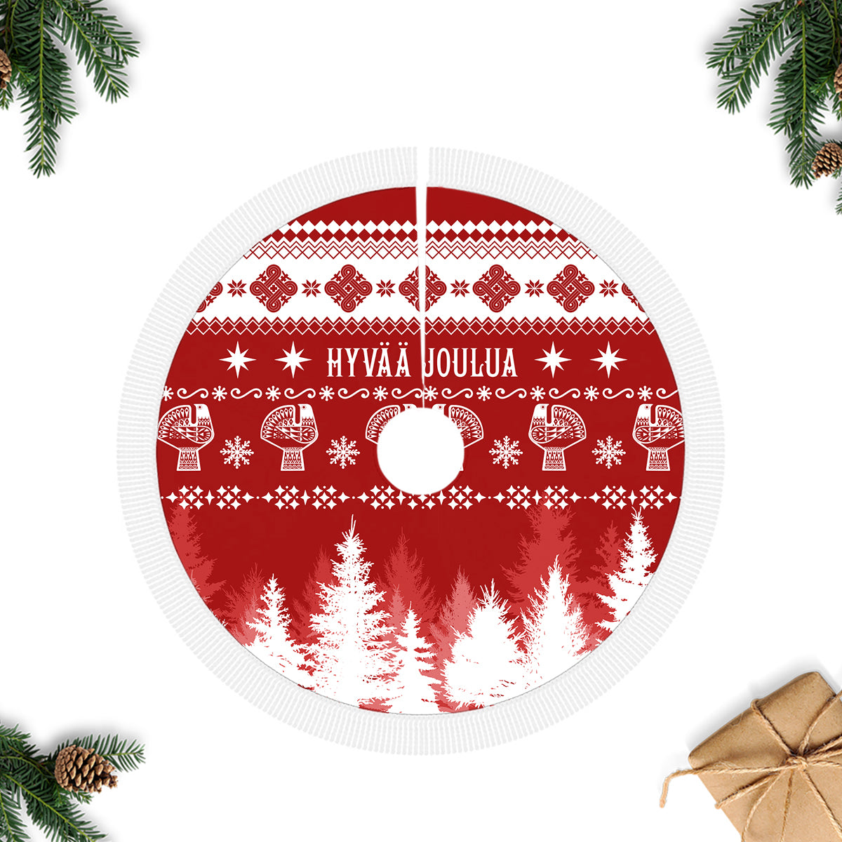 Finland Christmas Hannunvaakuna Tattoo Tree Skirt Hyvaa Joulua - Red - Wonder Print Shop
