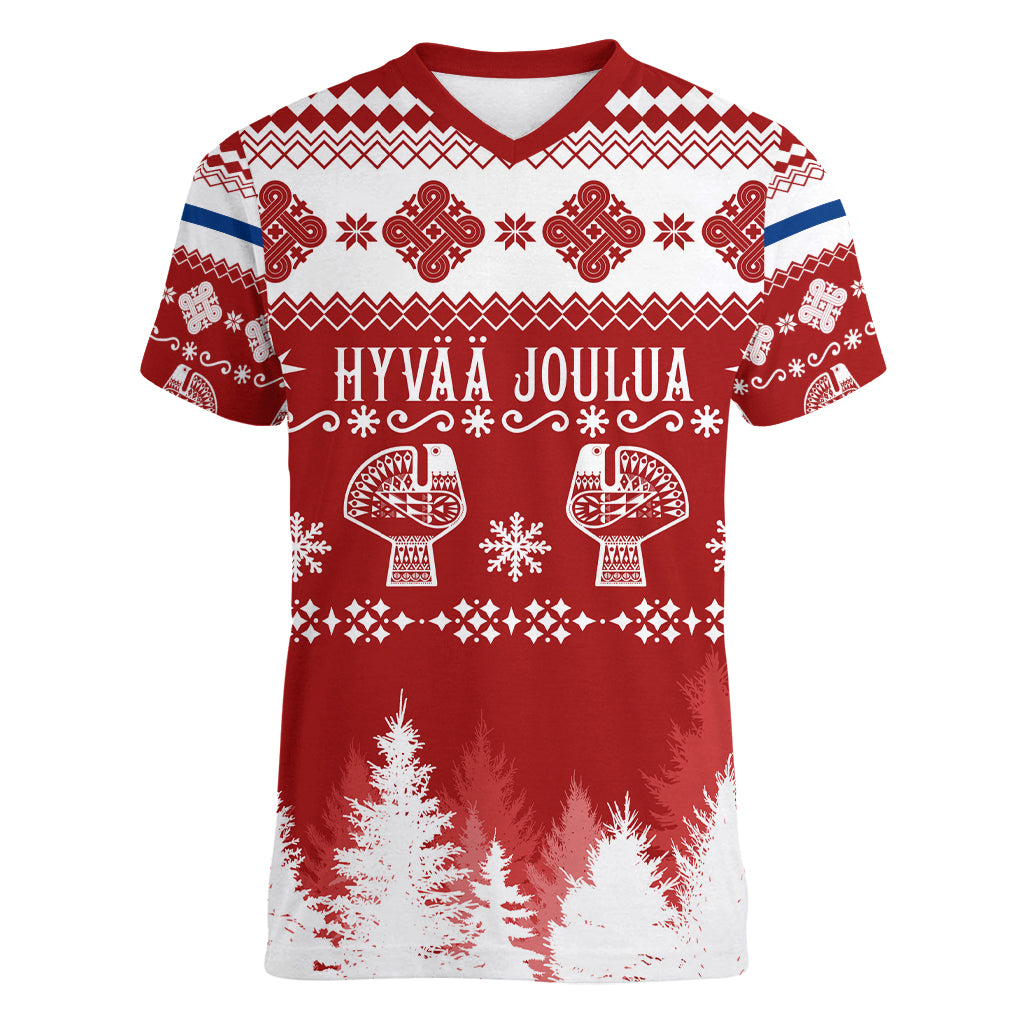 Finland Christmas Hannunvaakuna Tattoo Women V Neck T Shirt Hyvaa Joulua - Red - Wonder Print Shop