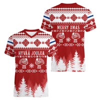 Finland Christmas Hannunvaakuna Tattoo Women V Neck T Shirt Hyvaa Joulua - Red - Wonder Print Shop