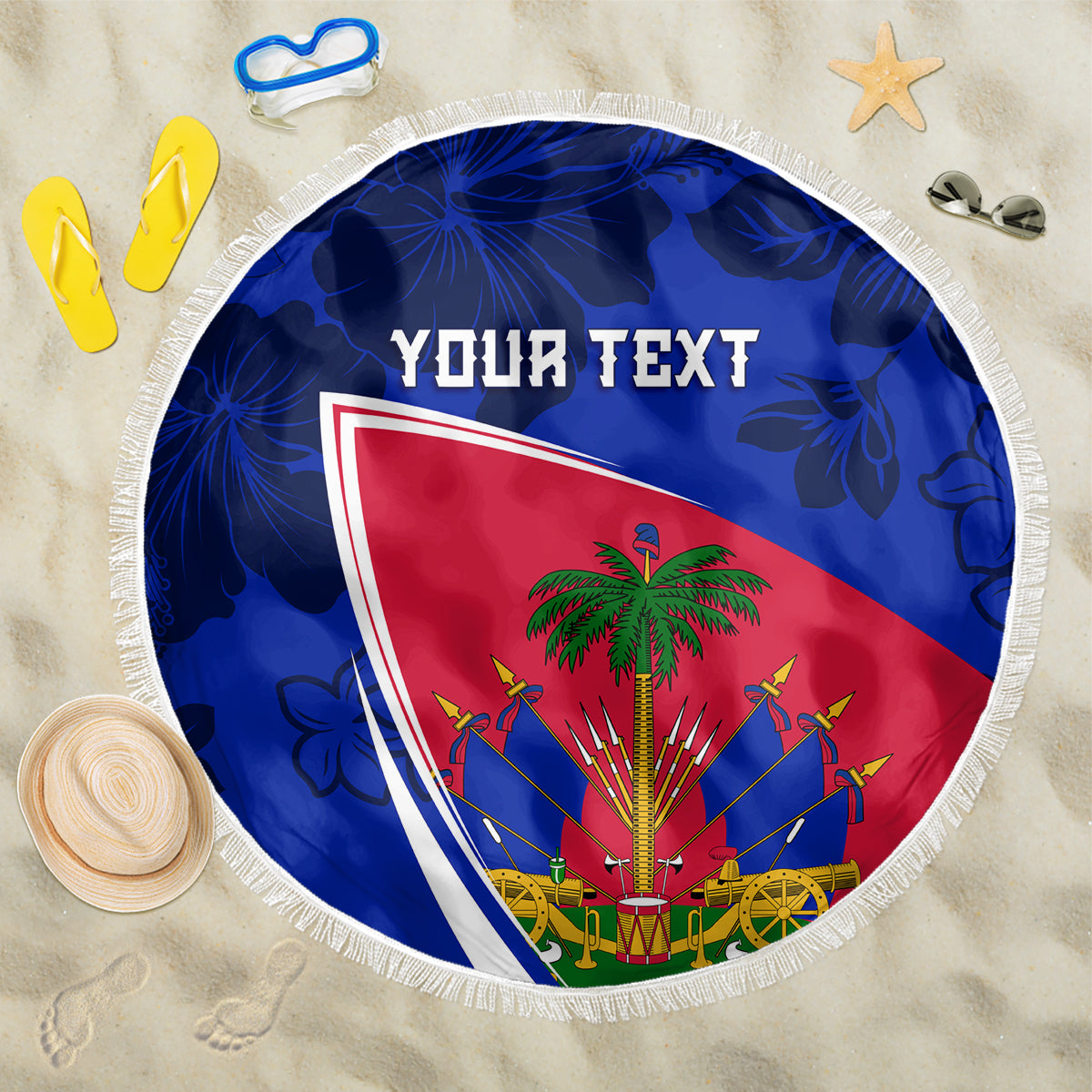 Personalised Haiti Independence Anniversary Beach Blanket Mix Hibiscus - Flag Color LT7 - Wonder Print Shop