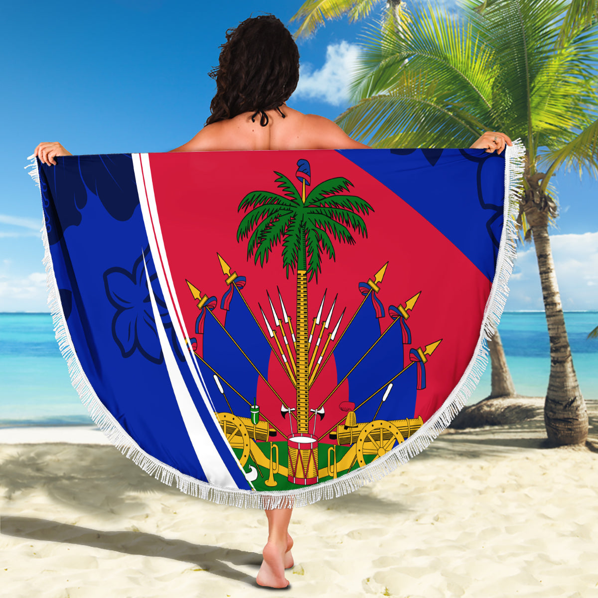 Personalised Haiti Independence Anniversary Beach Blanket Mix Hibiscus - Flag Color LT7 - Wonder Print Shop