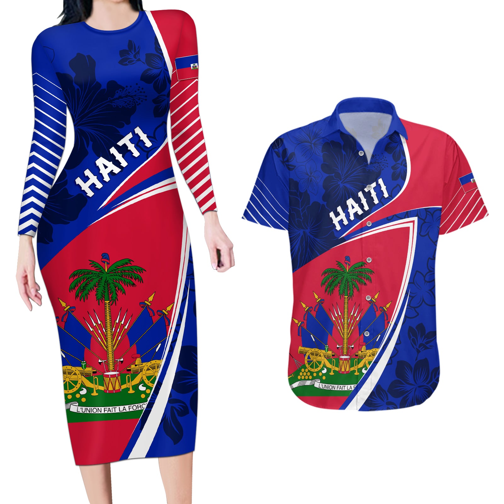 personalised-haiti-independence-anniversary-couples-matching-long-sleeve-bodycon-dress-and-hawaiian-shirt-mix-hibiscus-flag-color